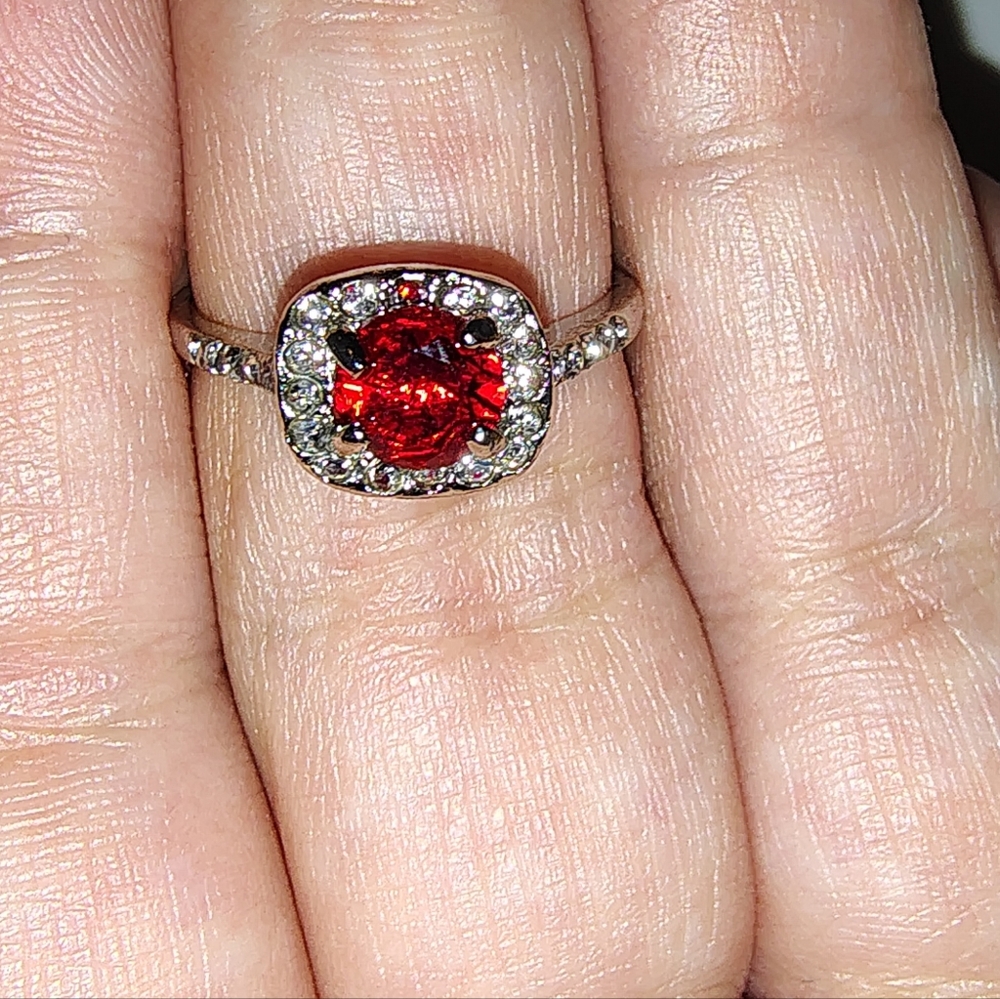 Sterling Silver Halo Style Ruby Red July Birthstone Diamond Lab Ring Size 8